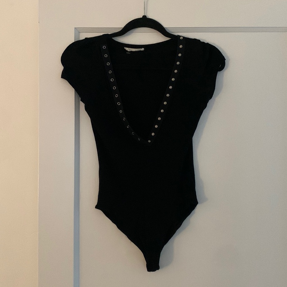 Black Button up Bodysuit jersey cotton Womens size small (Honey Punch)